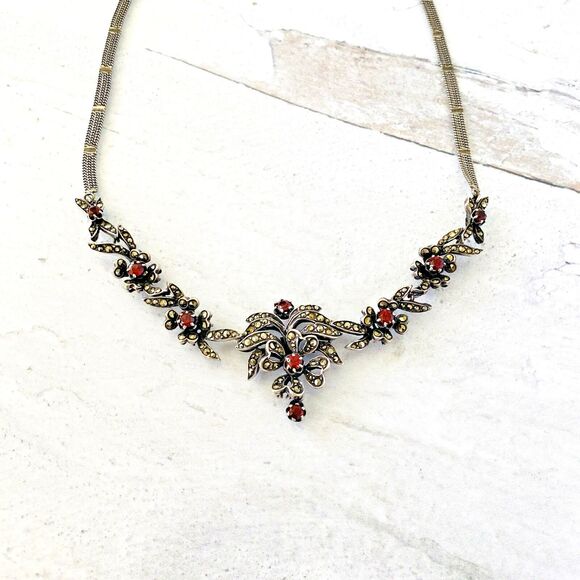 Gorgeous Sterling Silver Marcasite Garnet Necklace 20 In Long January Birthstone - Picture 6 of 16
